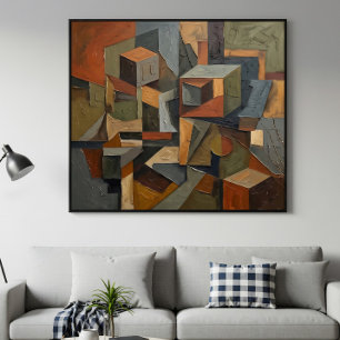 Poster Cubiste Abstrait Tons Terre 3D Cubes