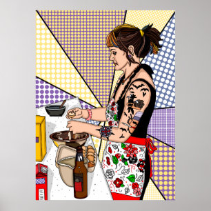 Poster Cuisine Lady tatouée Art Pop Retro