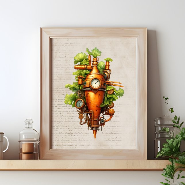 Poster Cuisine Steampunk art, Carotte (Steampunk wall art shown in a frame on a kitchen shelf)