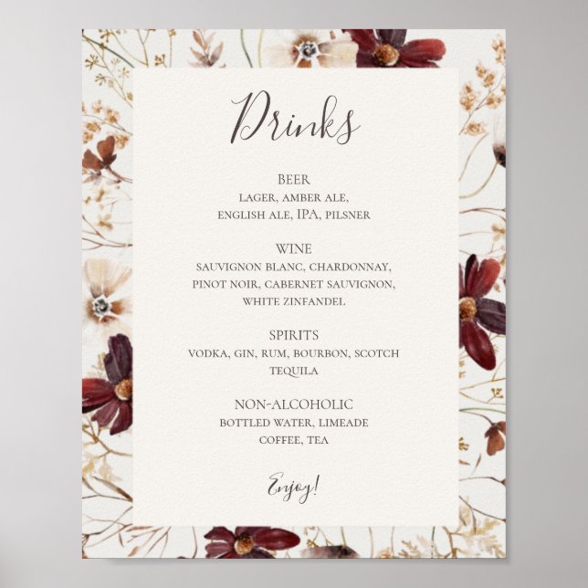 Poster Cuivre Bourgogne Fleur sauvage Beige Boissons Menu (Devant)