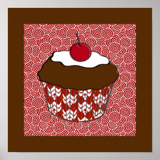 Poster Cupcake au Chocolat sur Motif Rouge et Blanc