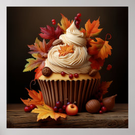 Poster Cupcake d'automne aux feuilles d'automne colorées