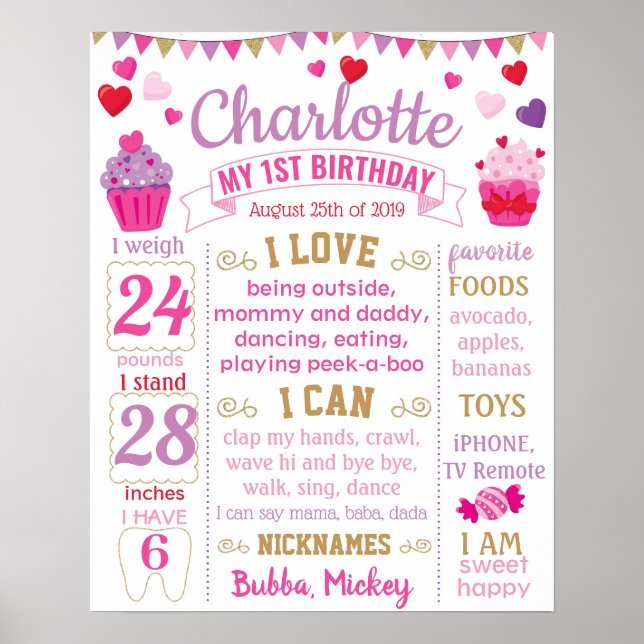 Poster Cupcake Hearts First Birthday board pour une fille (Devant)