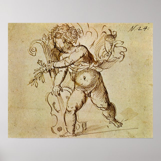 Poster Cupid avec un violon par Domenico Campagnola (Devant)