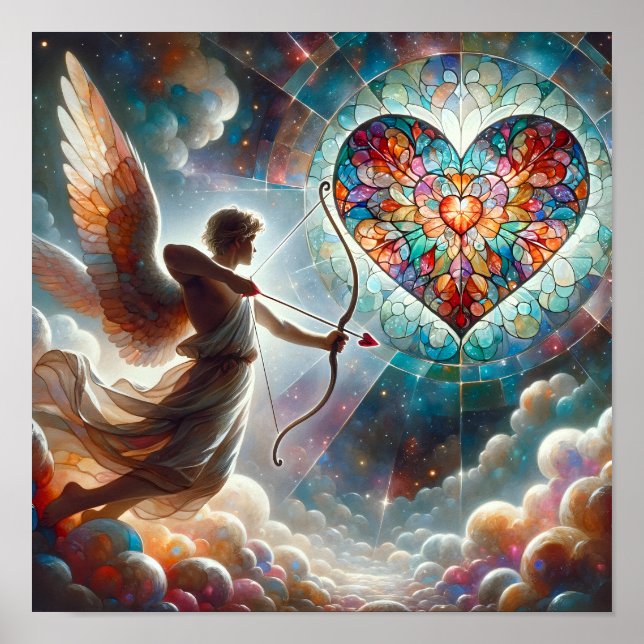Poster Cupidon tirant sa flèche sur un coeur de verre ten (Devant)