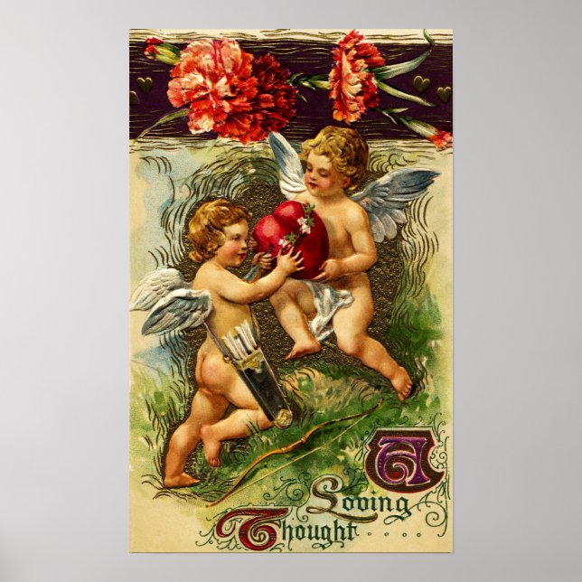 Poster Cupidons et oeillets Vintage Valentine (Devant)