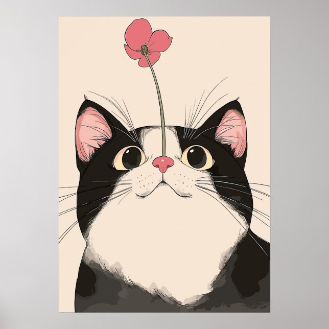 Poster Curieux chat avec une fleur (Devant)