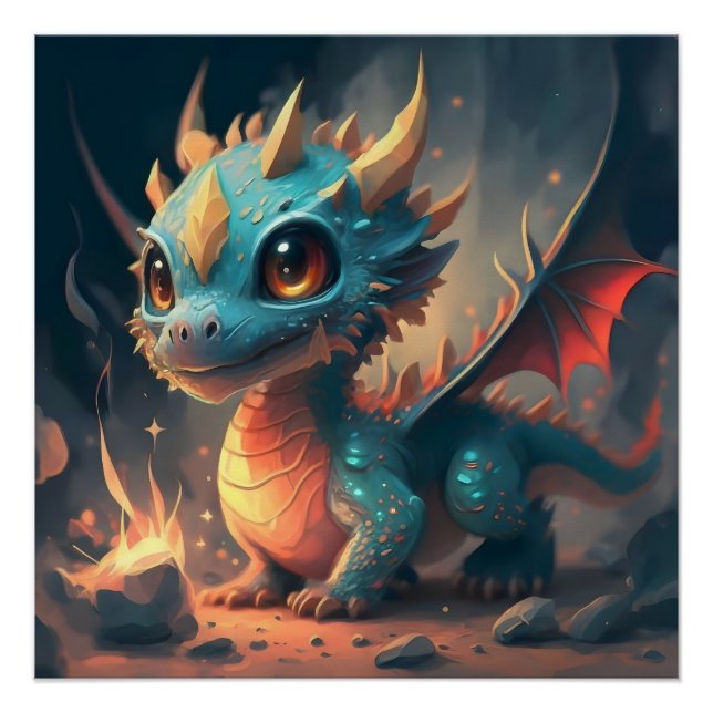 Poster Curieux Dragon Bleu Chibi (Devant)