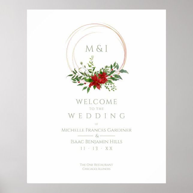 Poster Custom Chic Poinsettia Christmas Wedding Welcome (Devant)
