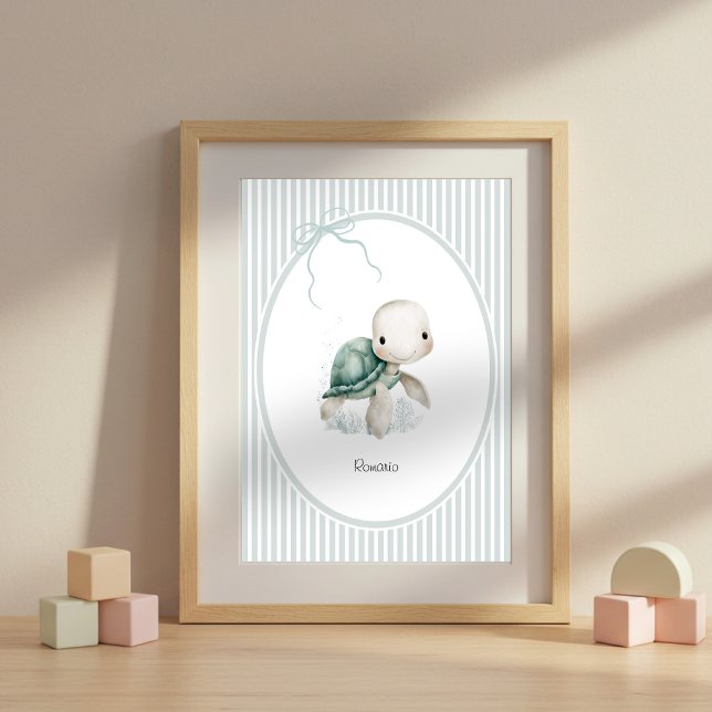 Poster Custom Cute Turtle – Baby Shower Newborn Name Gift (Custom Name Nursery Wall Art)