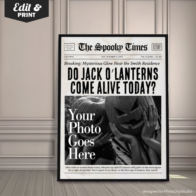 Poster Custom Halloween Newspaper Wall Art Jack O'Lantern (Custom Halloween Newspaper Wall Art Jack O'Lantern | newspaper wall art | fun halloween print)