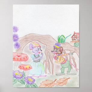 Poster Custom Kids Artwork, deux mignonnes souris, fleurs