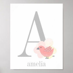 Poster Custom Monogram Name Pink Bird Girl Nursery