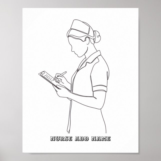 Poster Custom Name Minimalist Nurse Clipboard Line Art  (Devant)
