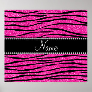 Poster Custom name neon hot pink glitter zebra stripes