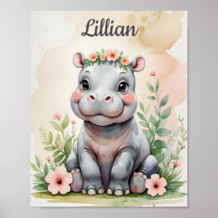 Poster Custom Safari Aquarelle bébé Hippo Girls Nursery