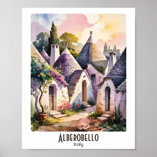 Poster Custom Text Alberobello Italy Trulli Watercolor (Devant)