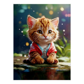 Poster cute AI cat sits at lake / susse KI