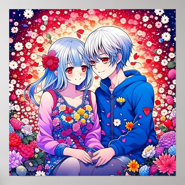 Poster Cute Anime Couple entouré de Fleurs et Coeur (Devant)