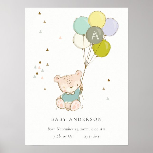 Poster Cute Aqua Bear Balloon Boys Monogramme État de nai (Devant)