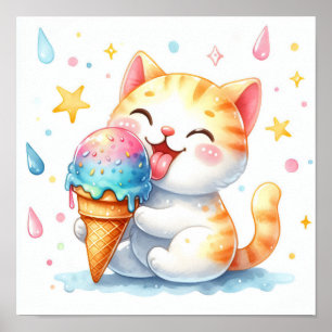 Poster Cute Aquarelle Chat Manger Crème glacée Whimsical