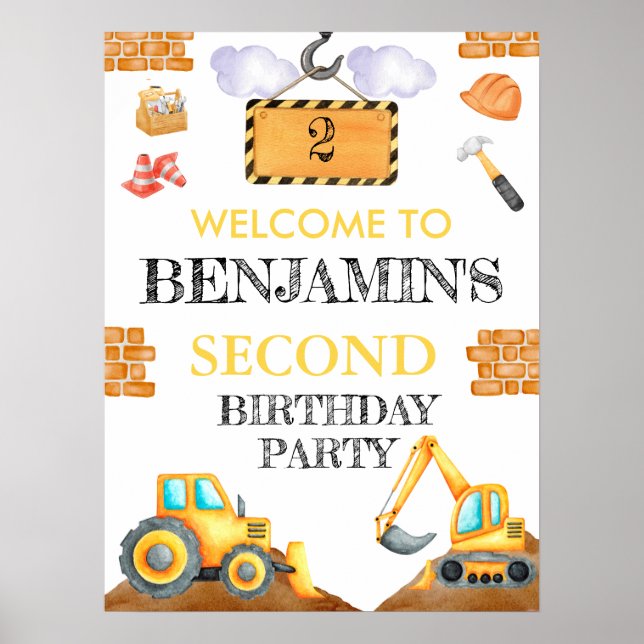 Poster Cute Aquarelle Construction Anniversaire (Devant)