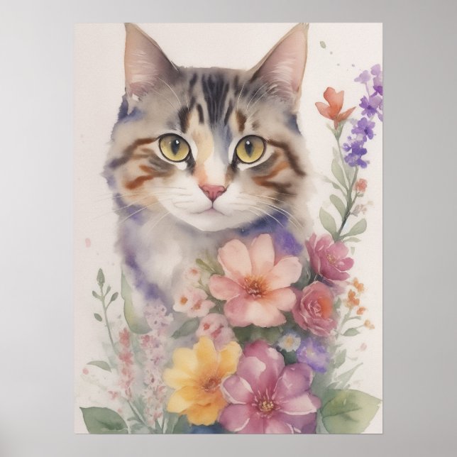 Poster Cute Aquarelle Florale Chat (Devant)