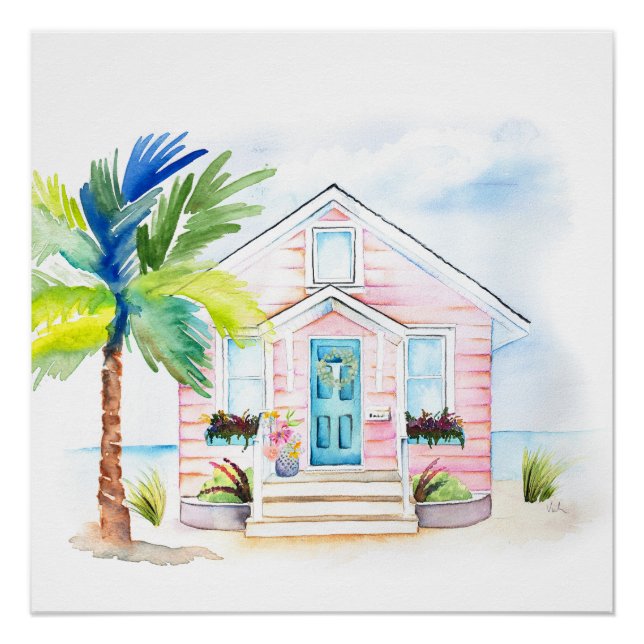 Poster Cute Aquarelle Pink Beach House (Devant)