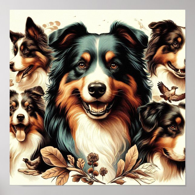 Poster Cute Australian Shepherd Peinture (Devant)