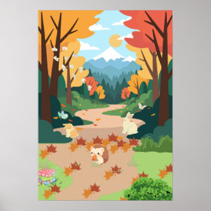 Poster Cute Autumn Forest Animals Cozy Landscape Art Post