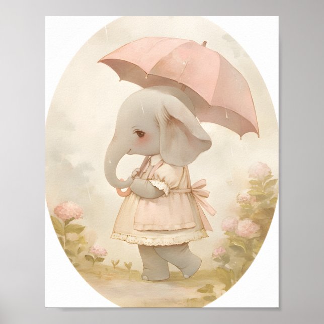 Poster Cute Baby Girl Elephant in Rain Nursery Wall Art (Devant)