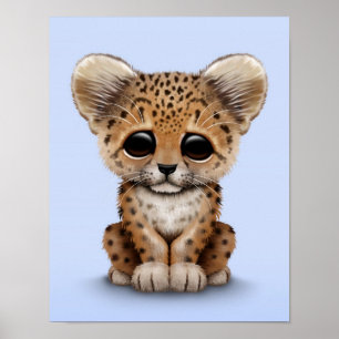 Poster Cute Baby Leopard Cub sur Bleu clair