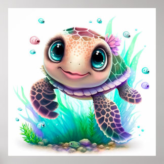 Poster Cute Baby Sea Turtle Illustration – Adorable Ocean