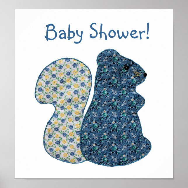 Poster Cute Baby shower d'écureuil bleu style champêtre (Devant)