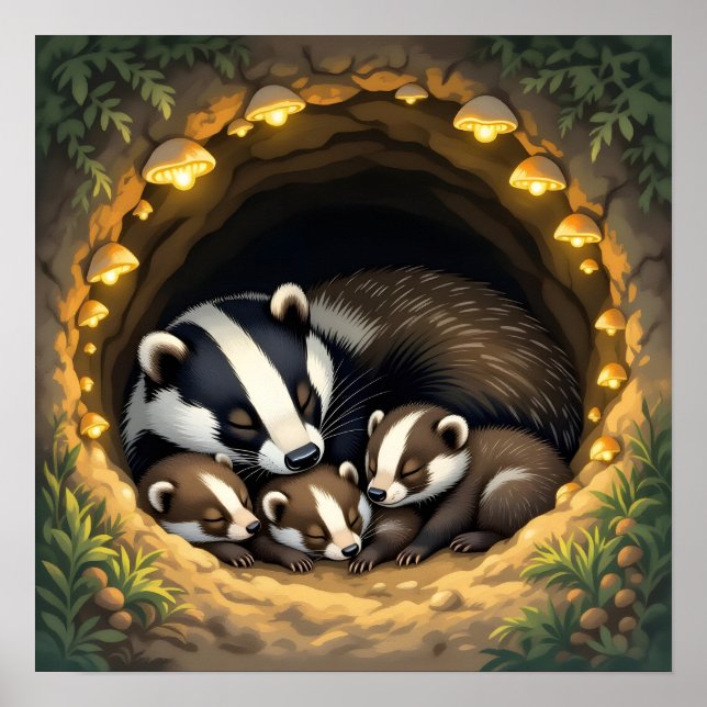 Poster Cute Badger Family Napping (Devant)
