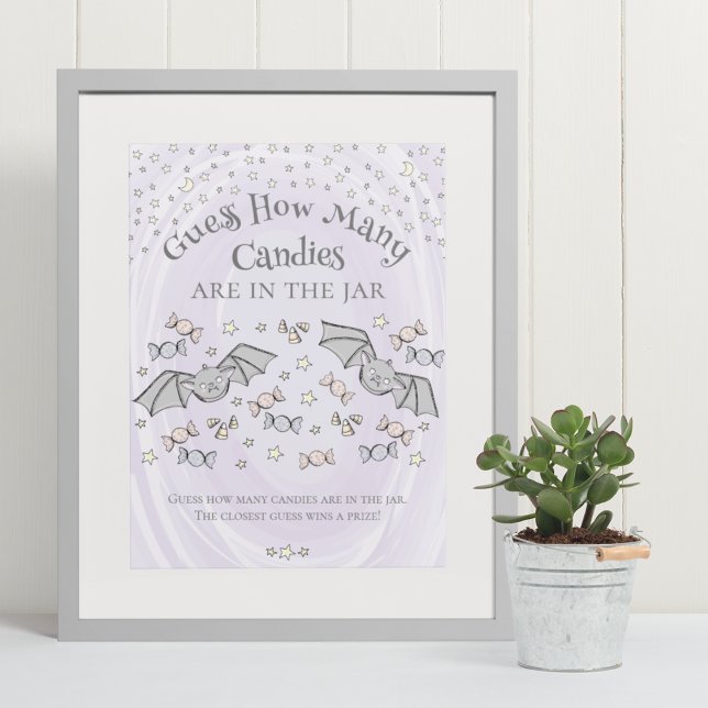 Poster Cute Bats Devine Combien De Candies Baby shower Je (Cute & Whimsical Fall Baby Shower Game Poster. Frame Not Included. Hand-Drawn Baby Bats Drawing.)