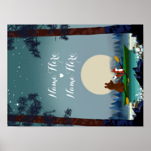 Poster Cute Bear et Fox kayak sur une rivière forestière
