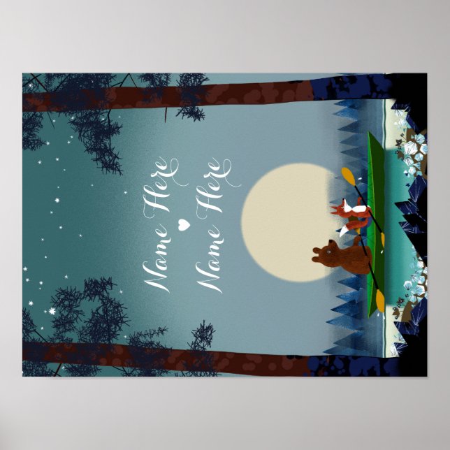 Poster Cute Bear et Fox kayak sur une rivière forestière  (Devant)