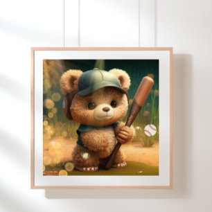 Poster Cute Bear jouant au baseball Personnalisé