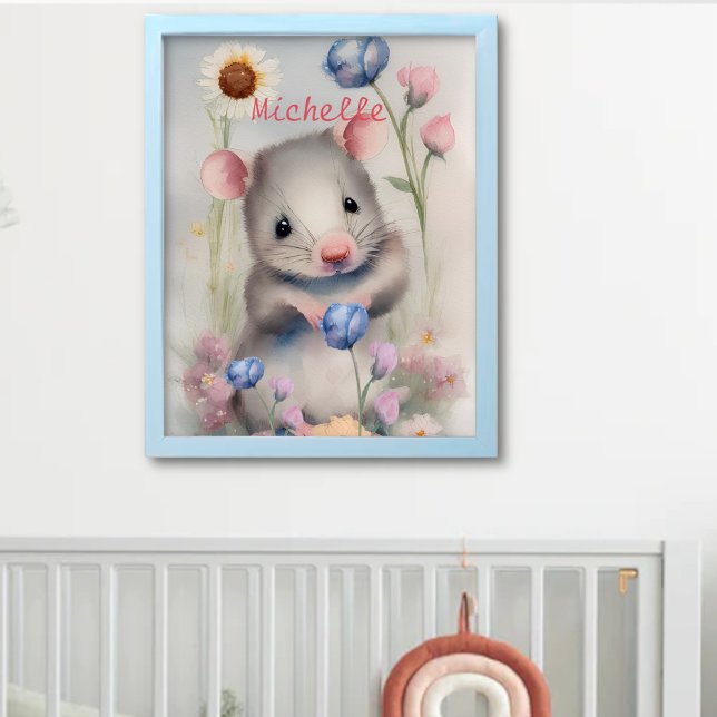 Poster Cute Bébé Souris Pastel Aquarelle Fleurs de printe (Créateur téléchargé)
