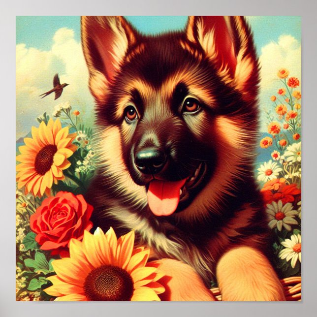 Poster Cute berger allemand Peinture de chiot (Devant)