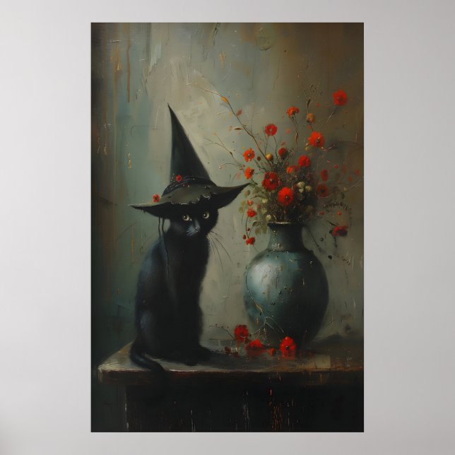 Poster Cute Black Cat Witch With Dark Botanicals, Dark (Devant)