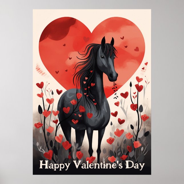 Poster Cute Black Horse et Coeurs Heureuse Sainte-Valenti (Devant)