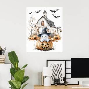 Poster Cute blanc et orange Fantôme avec grange d'automne