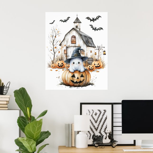 Poster Cute blanc et orange Fantôme avec grange d'automne (Bureau à domicile)