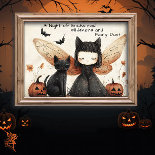 Poster Cute blanche Halloween Fée & Chat Imaginaire Art