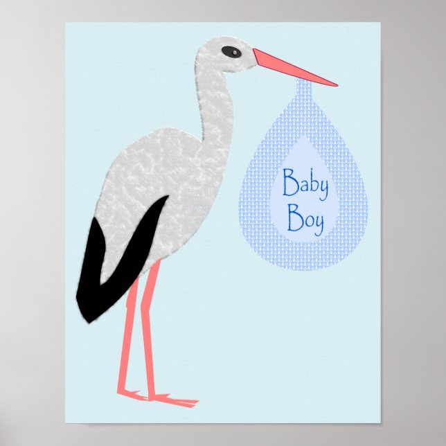 Poster Cute Blue Baby Boy Stork (Devant)