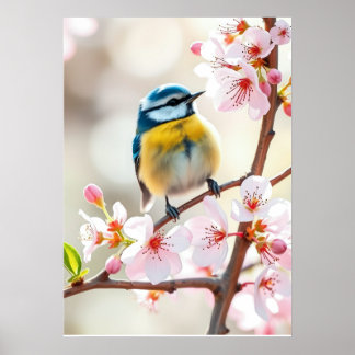 Poster Cute Blue Tit Bird on Spring Blooming Apple Tree  