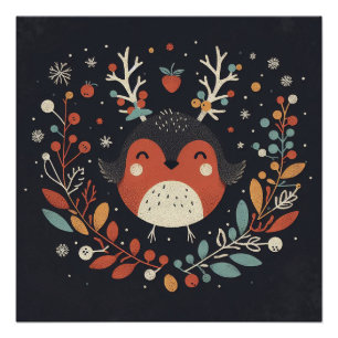 Poster Cute Boho Automne Robin couronne Décale murale