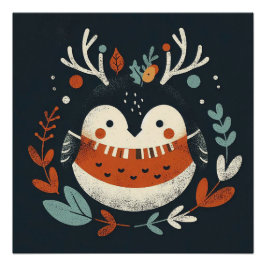 Poster Cute Boho Automne Robin couronne Décale murale